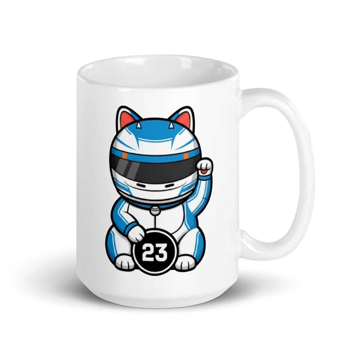 Racing fan mug with blue/white helmet lucky cat illustration and #23 coin great gift for early GP alarms, sleepovers, and subtle support on video calls.