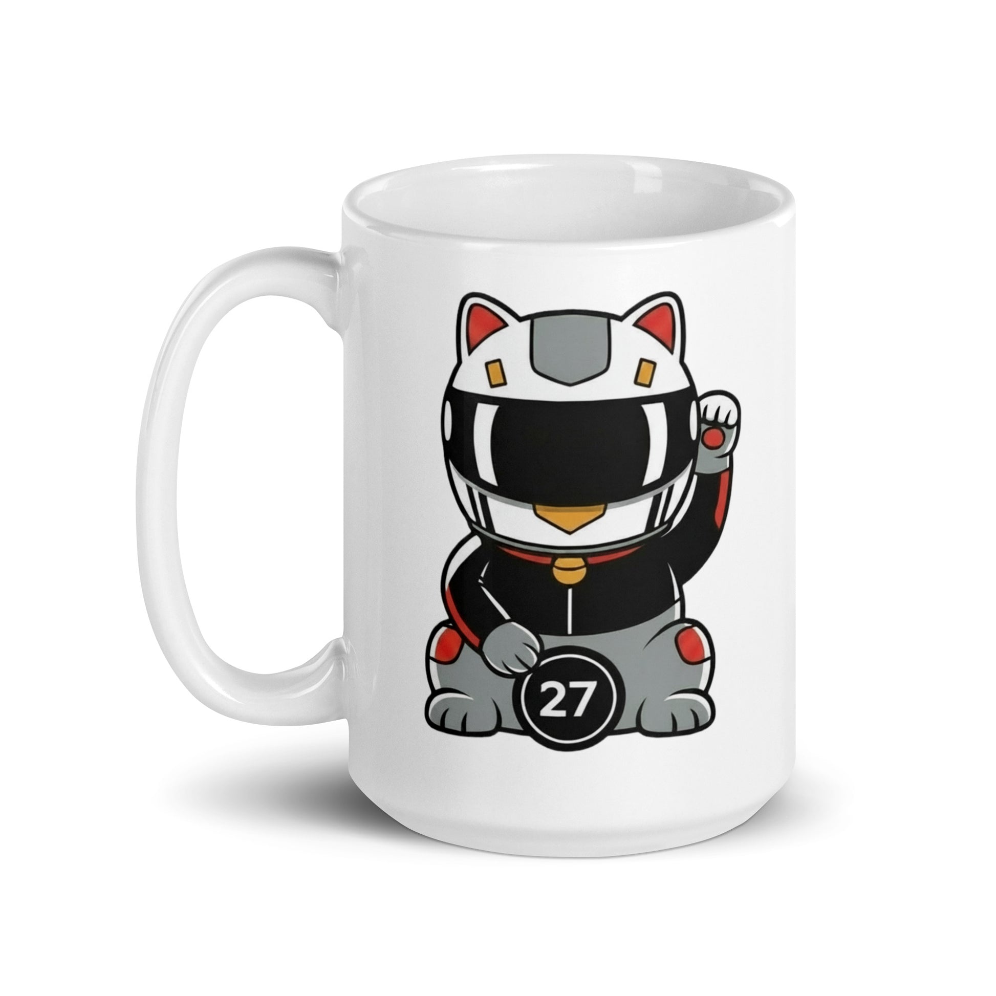 Racing fan mug with black/grey helmet lucky cat illustration and #27 coin great gift for early GP alarms, sleepovers, and subtle support on video calls.