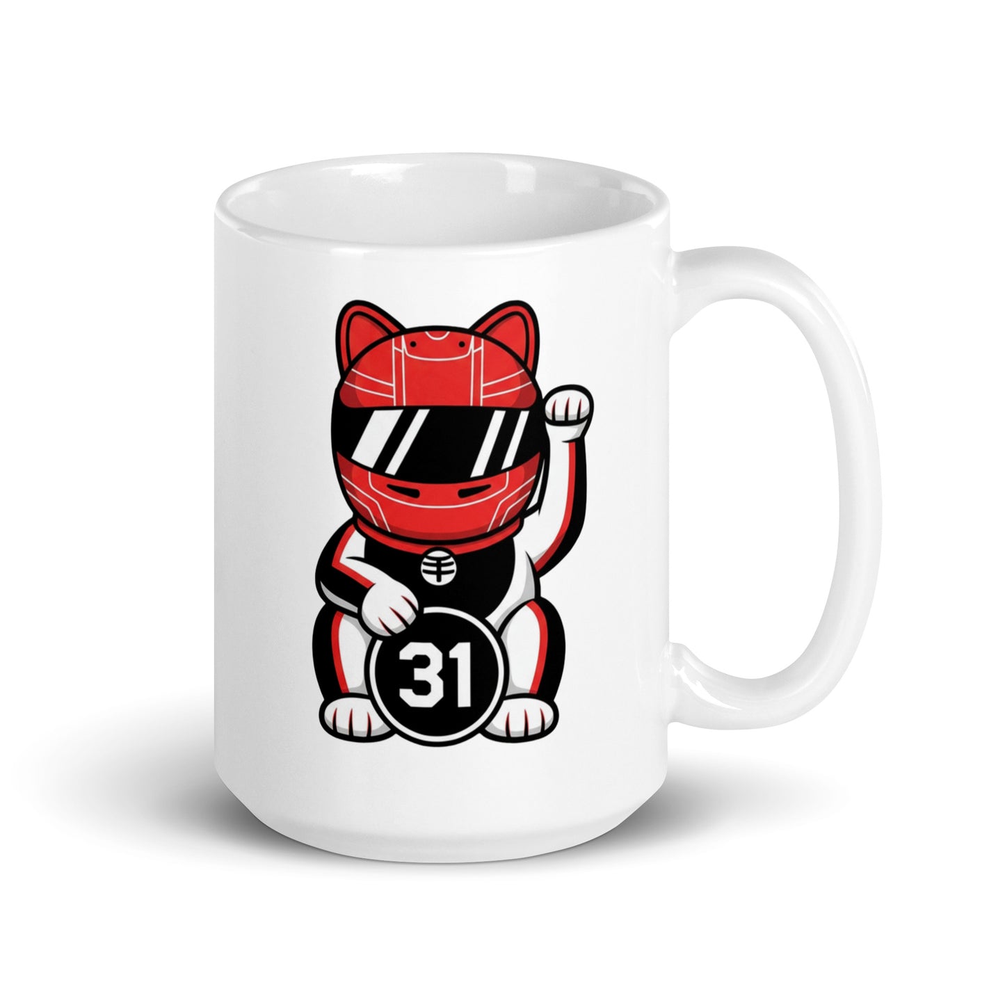 Racing fan mug with red helmet lucky cat illustration and #31 coin great gift for early GP alarms, race weekends, and subtle video-call support.