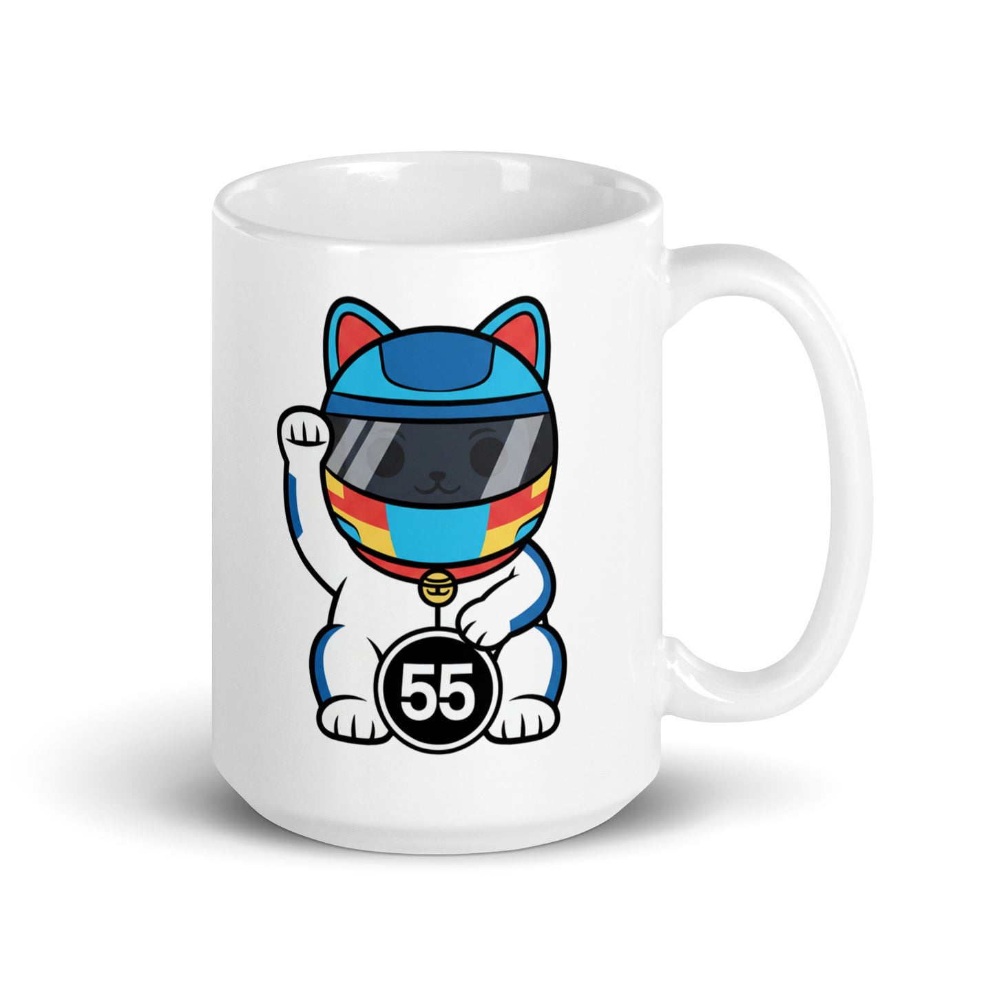Racing fan mug with blue/white helmet lucky cat illustration and #55 coin great gift for early GP alarms, race weekends, and subtle video-call support.
