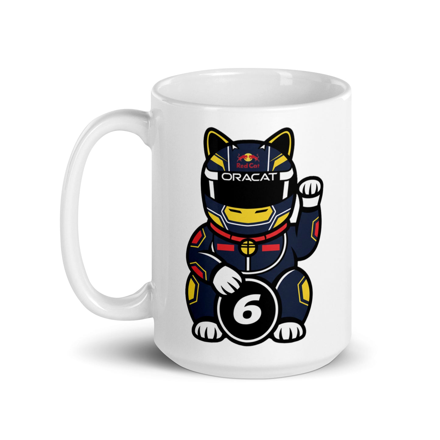 Racing fan mug with dark helmet lucky cat illustration and #6 coin great gift for early GP alarms, race weekends, and subtle support on video calls.