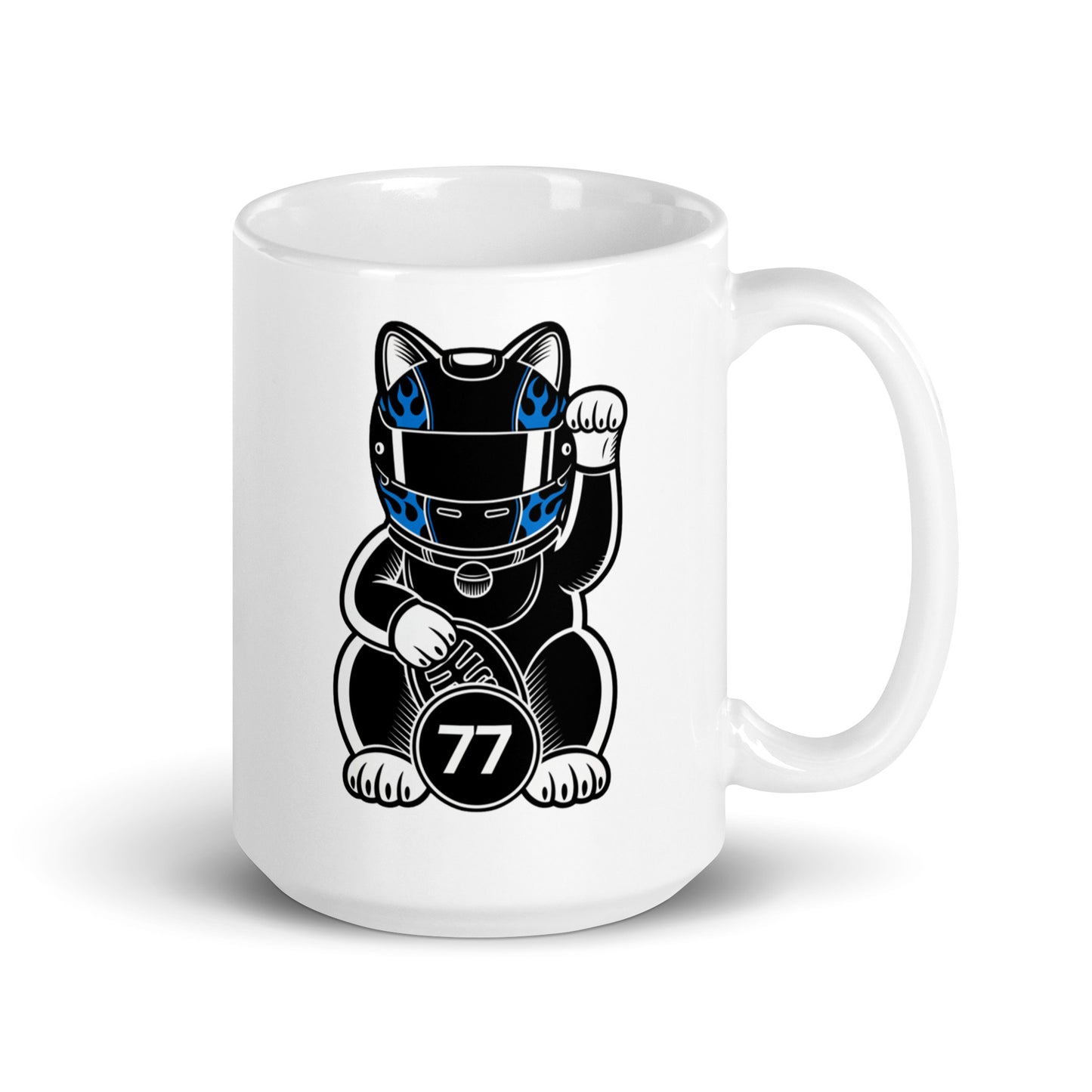 Racing fan mug with black/blue helmet lucky cat illustration and #77 coin great gift for early GP alarms, sleepovers, and subtle support on video calls.