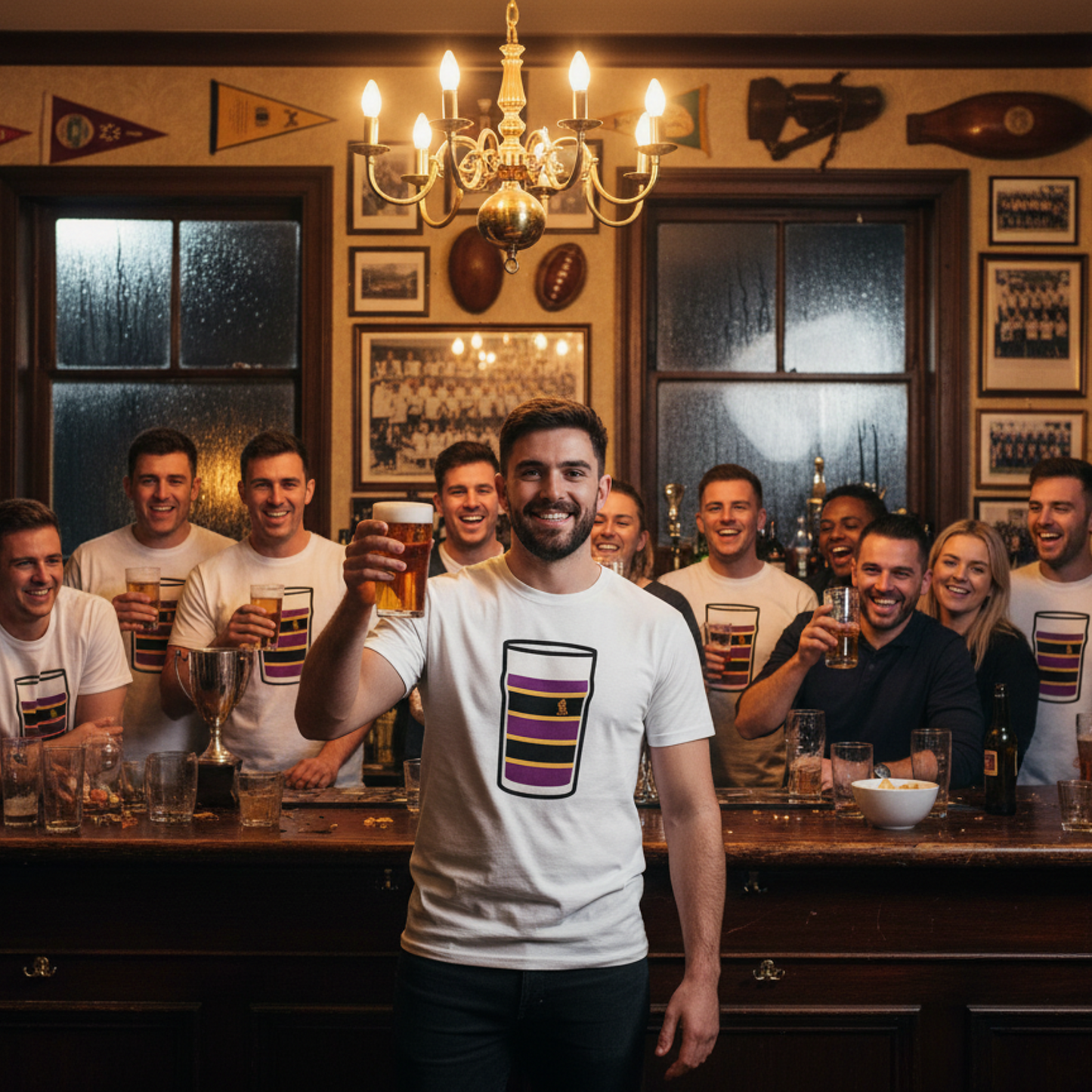 Man wearing white Instonians Mega Pint Rugby T-Shirt raising a pint in a busy rugby clubhouse bar with teammates and supporters behind him.