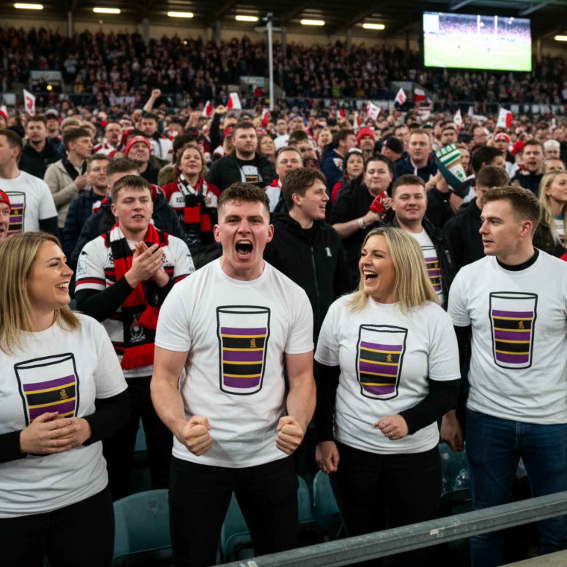 Group of rugby players wearing white Instonians Mega Pint Rugby T-Shirts walking together on the pitch after a match.