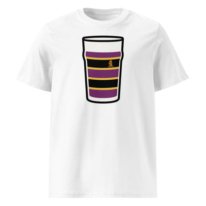 White Instonians Mega Pint Rugby T-Shirt featuring a pint glass graphic in purple, black and gold club colours.