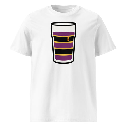 White Instonians Mega Pint Rugby T-Shirt featuring a pint glass graphic in purple, black and gold club colours.