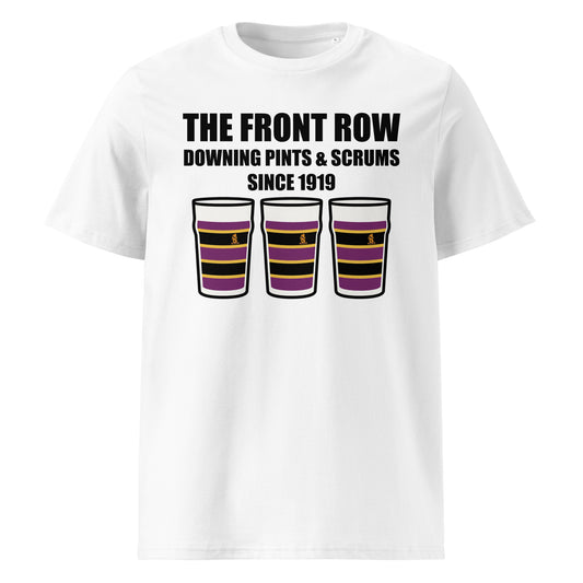 White Instonians RFC rugby t-shirt with black slogan text reading The Front Row Downing Pints & Scrums Since 1919 and three pint glasses in yellow and black striped club colours.