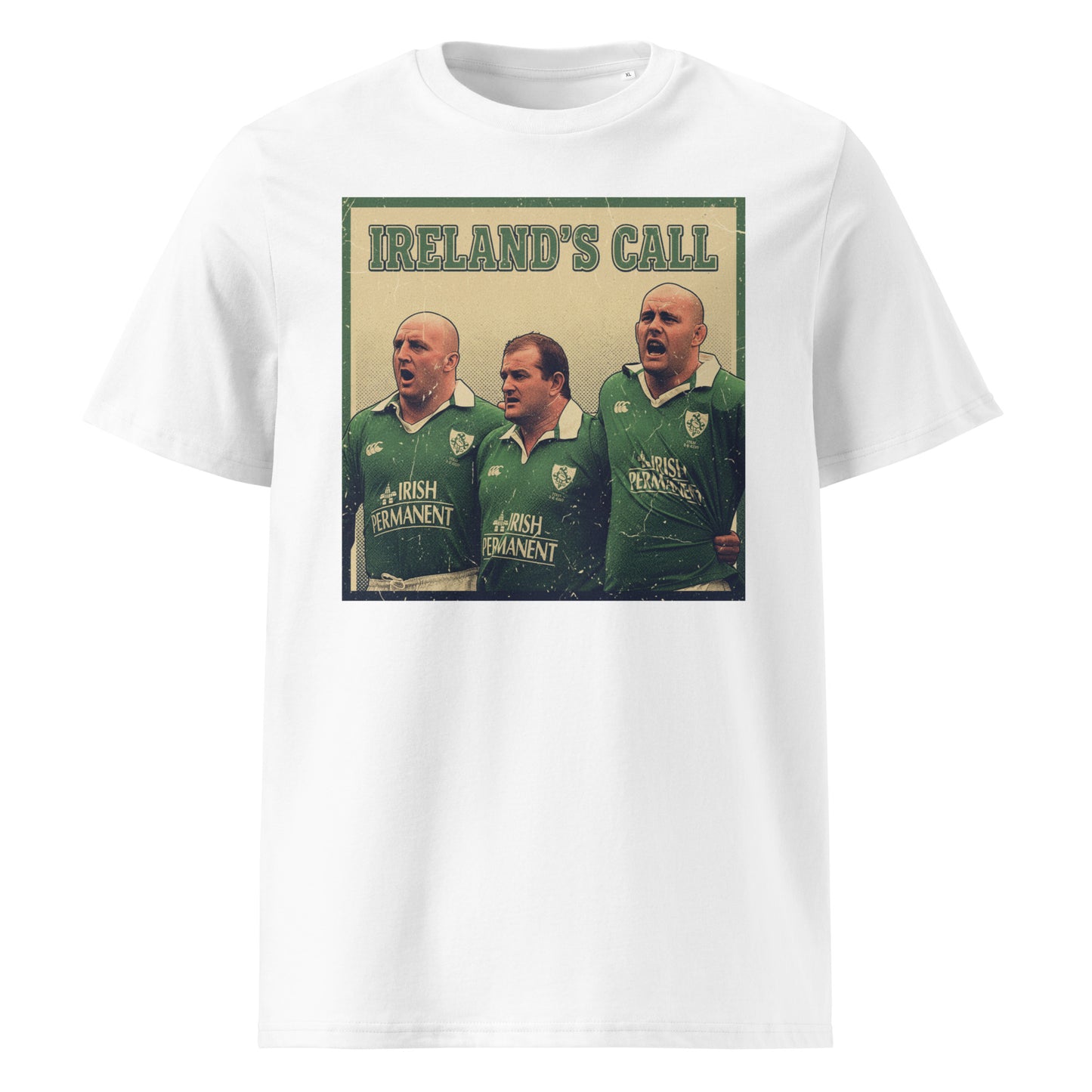 White rugby t-shirt featuring a vintage-style illustration of three Irish front row legends singing Ireland’s Call before a match