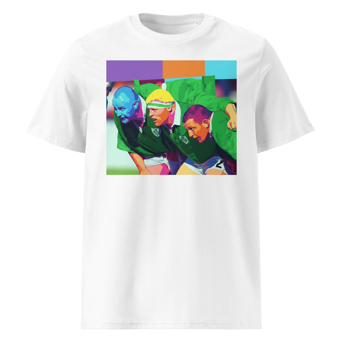 White rugby t-shirt featuring a pop art illustration of legendary Irish front row players Gary Halpin, Terry Kingston and Nick Popplewell in a scrum formation