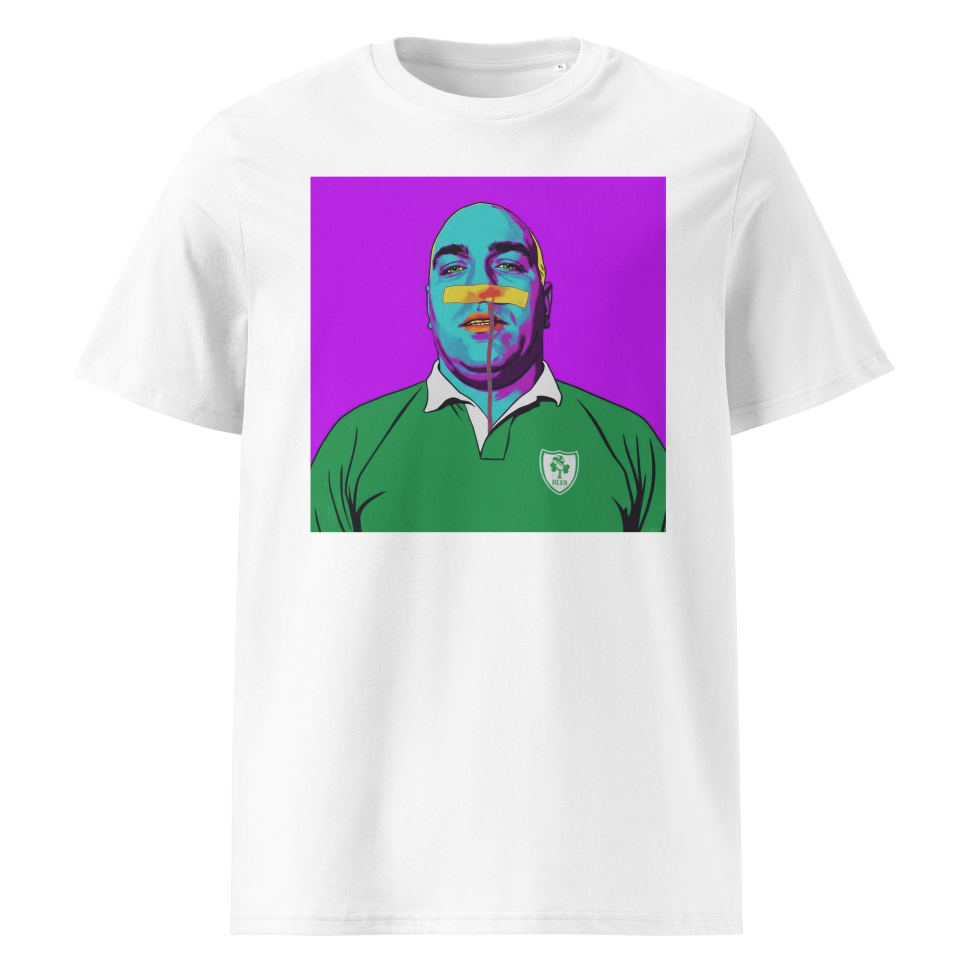 White t-shirt featuring a bold pop art portrait of an Irish rugby superfan with a phone charger-style cable and bright purple background