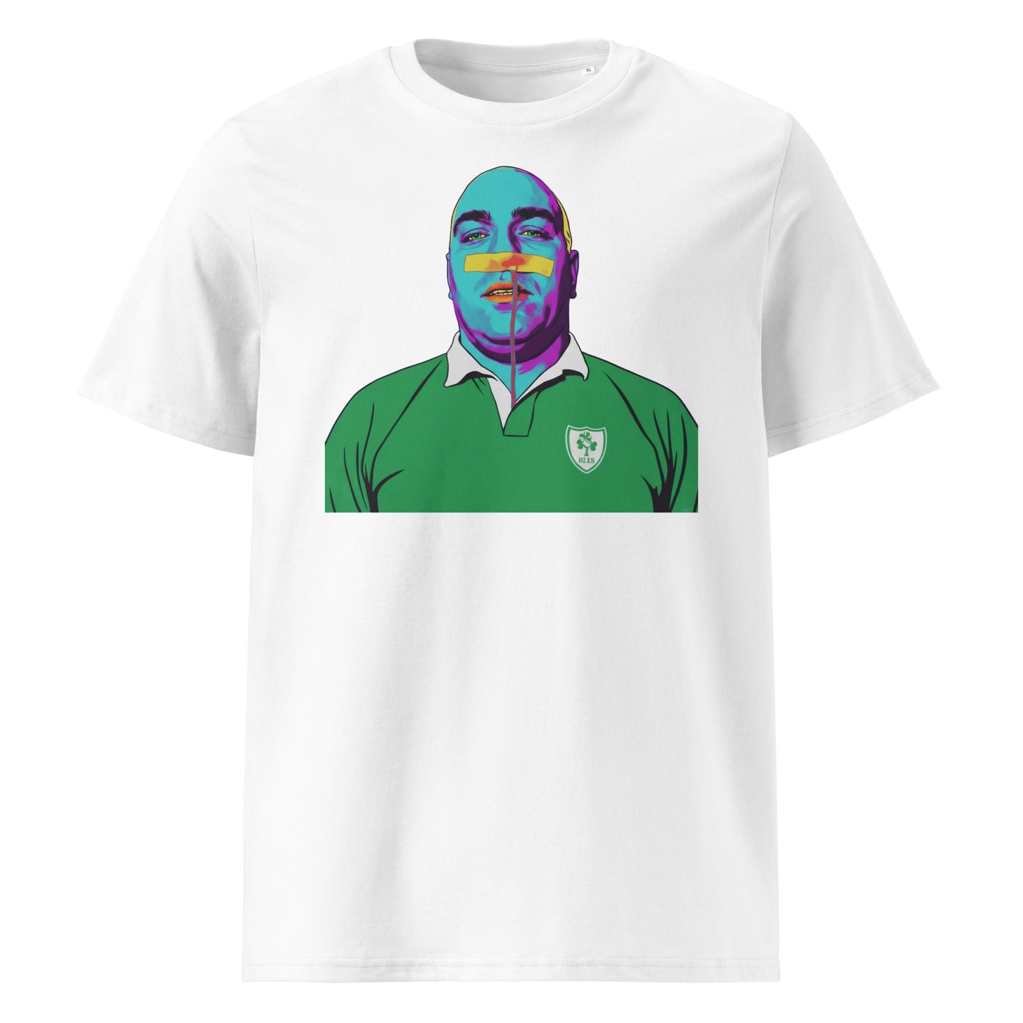 White t-shirt featuring a bold portrait illustration of an Irish rugby superfan with a phone charger-style cable on a clean transparent-style background
One small note though: this image looks very similar to the last one you sent, so if there’s another variant still to come, send it over and I’ll match the copy exactly.