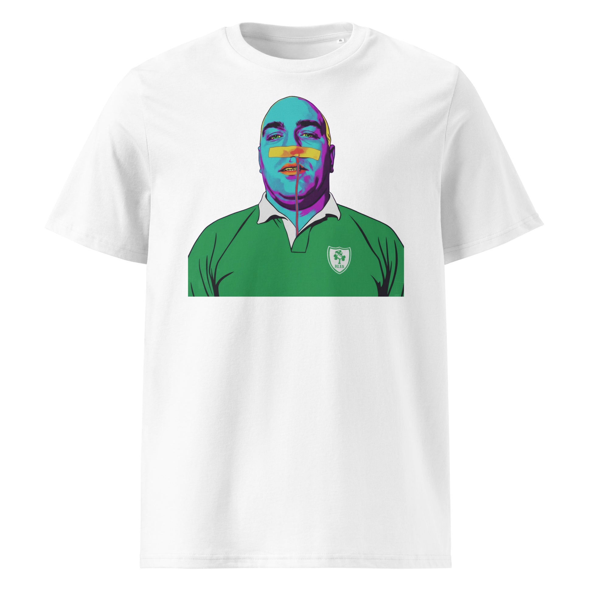 White t-shirt featuring a bold portrait illustration of an Irish rugby superfan with a phone charger-style cable on a clean transparent-style background
One small note though: this image looks very similar to the last one you sent, so if there’s another variant still to come, send it over and I’ll match the copy exactly.