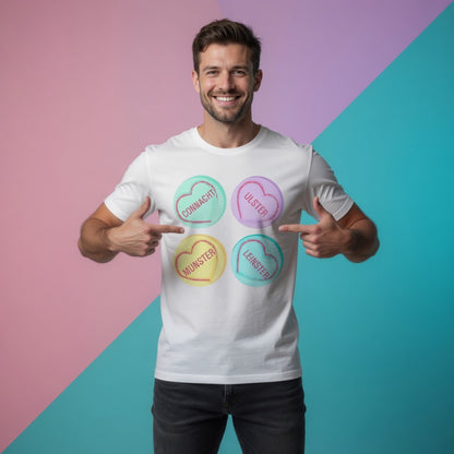 Male model wearing a white Rugby Love Hearts t‑shirt with pastel hearts reading Connacht, Ulster, Munster and Leinster