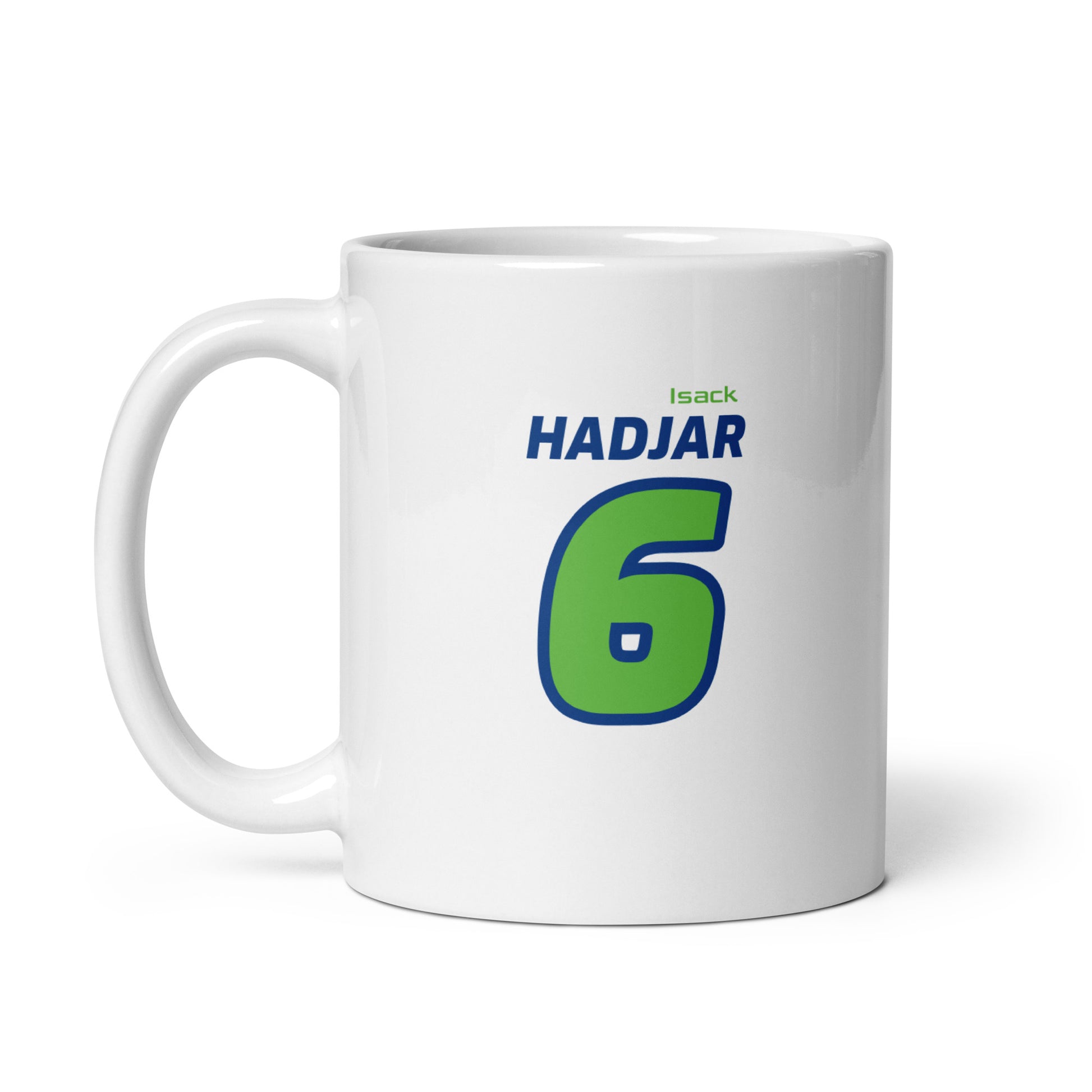 The Isack Hadjar Racing Mug featuring Isack's name and number "6" in vibrant Racing Bulls team colours. Ideal for enjoying a brew while watching the Grand Prix.
