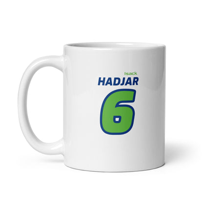 The Isack Hadjar Racing Mug featuring Isack's name and number "6" in vibrant Racing Bulls team colours. Ideal for enjoying a brew while watching the Grand Prix.