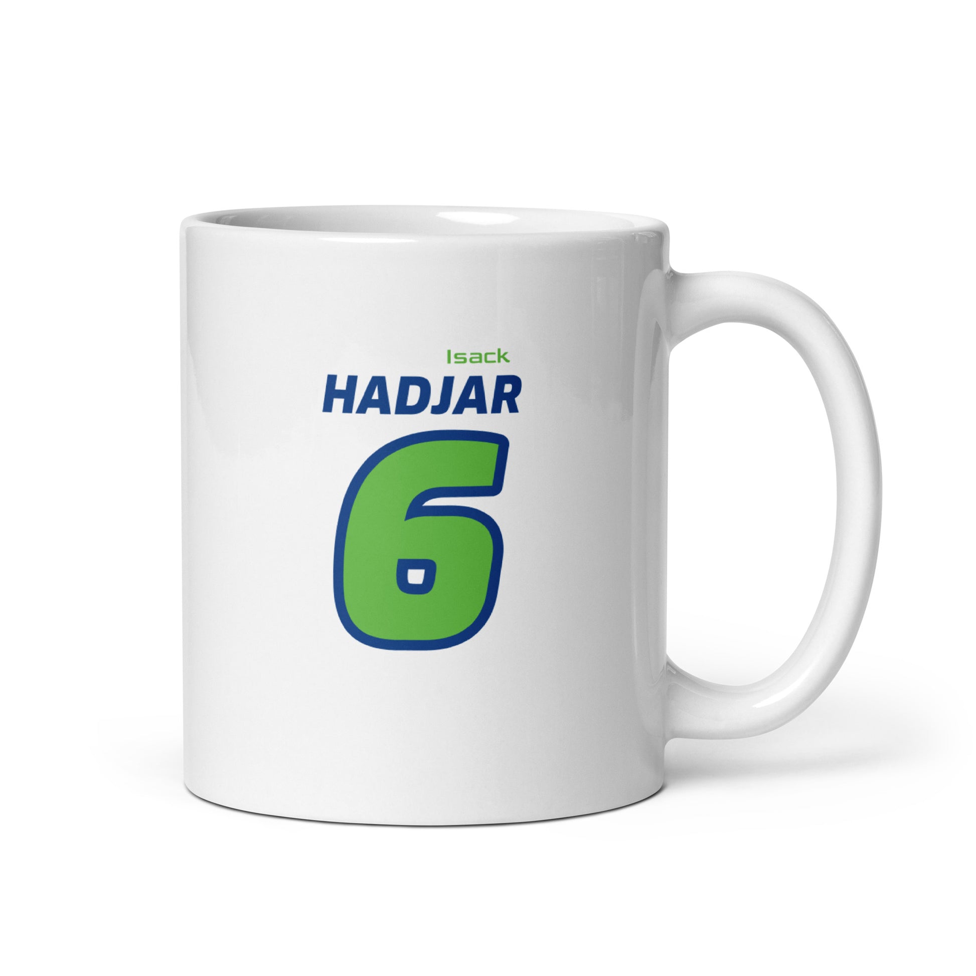 The Isack Hadjar Racing Mug showcasing Isack's name and number "6" in bold Racing Bulls team colours of blue and green. Perfect for motorsport fans and collectors.