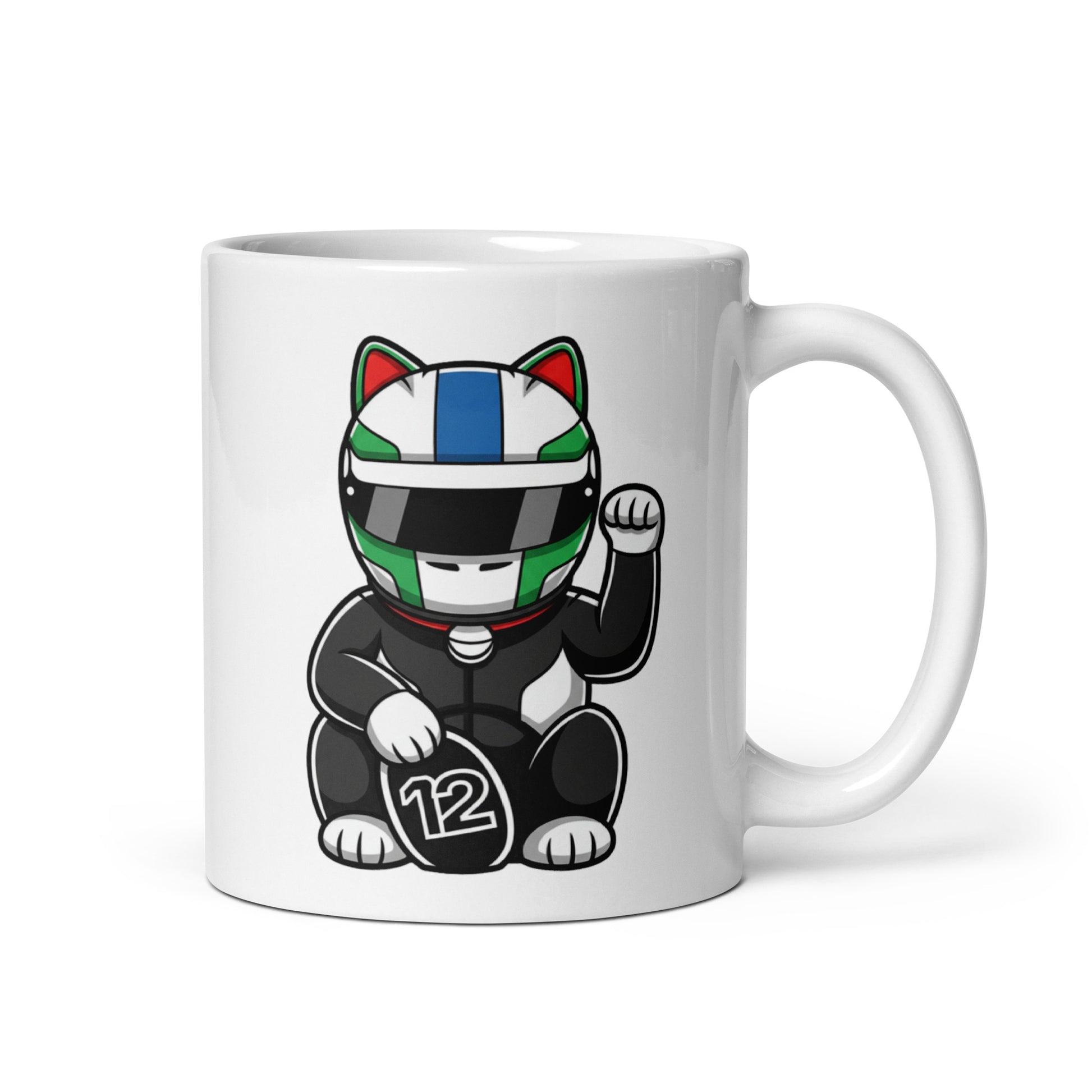 Motorsport-inspired lucky cat mug with Italy-inspired helmet colours and #12 coin detail perfect for race mornings and desk flex energy.
