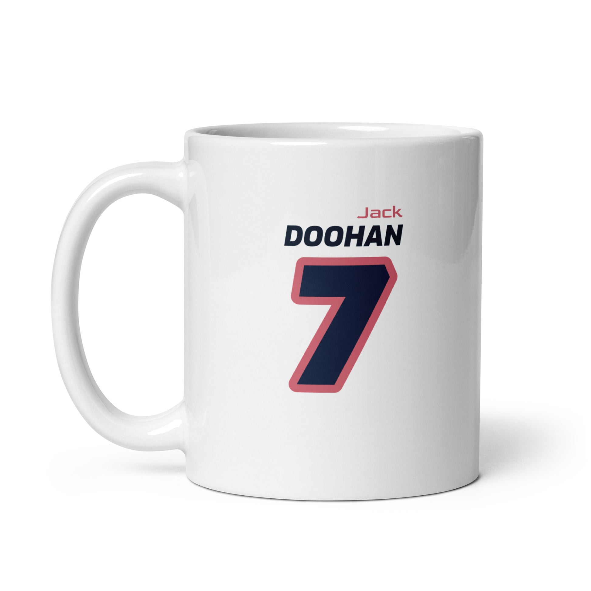 View of the Jack Doohan Racing Mug from the left handle side, featuring his name and number in Alpine's team colours. Great for gifts and collections.