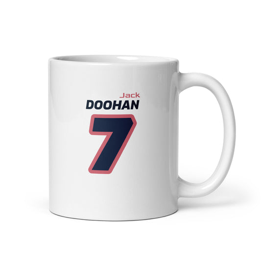View of the Jack Doohan Racing Mug from the right handle side, showcasing his name and number in Alpine's team colours. Perfect for motorsport fans.