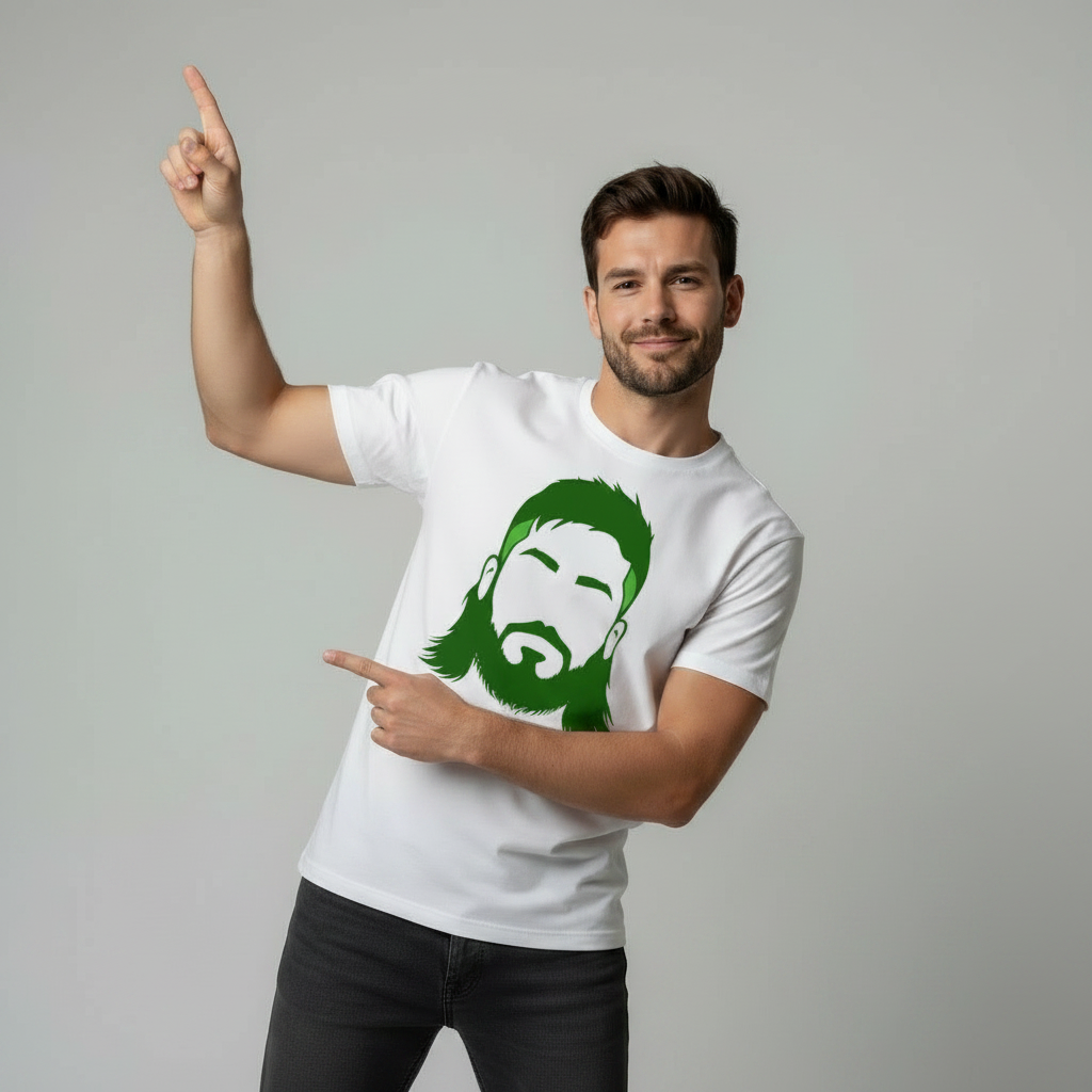 Male model doing disco finger pose wearing white rugby t-shirt with green Joe McCarthy graphic on light grey studio background