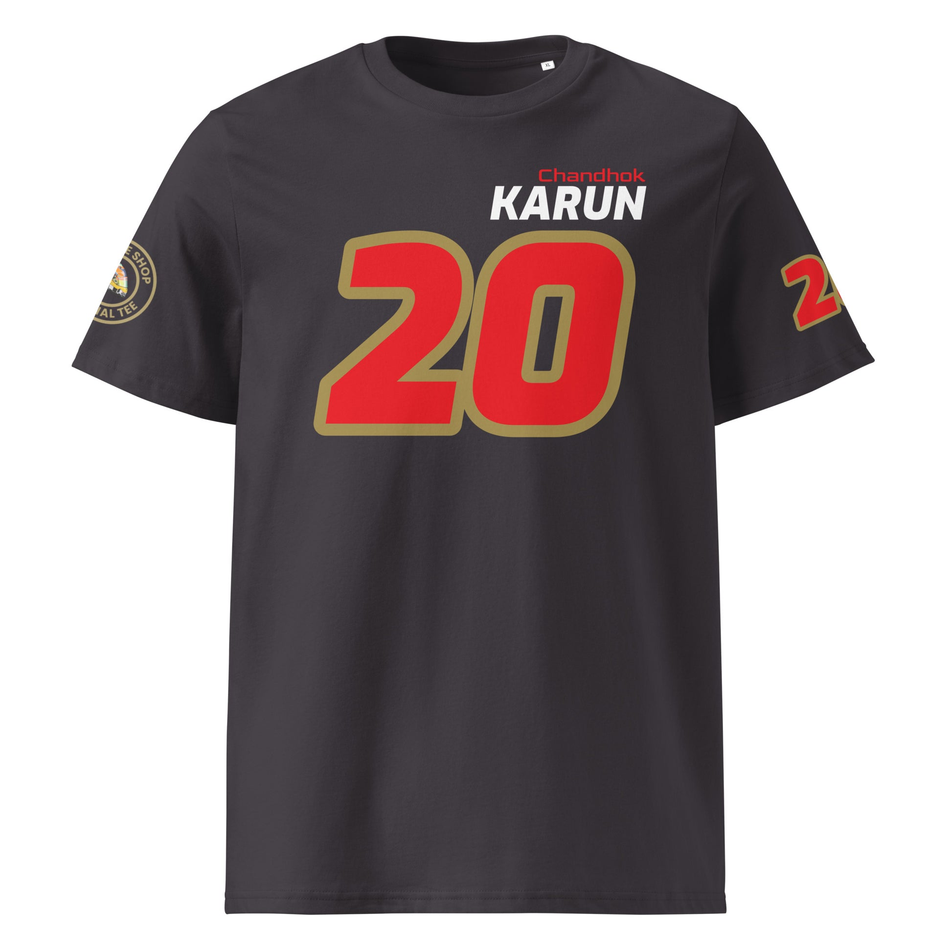 Front view of the Karun Chandhok T-Shirt in anthracite grey, featuring the name and number of Karun Chandhok in bold colours.