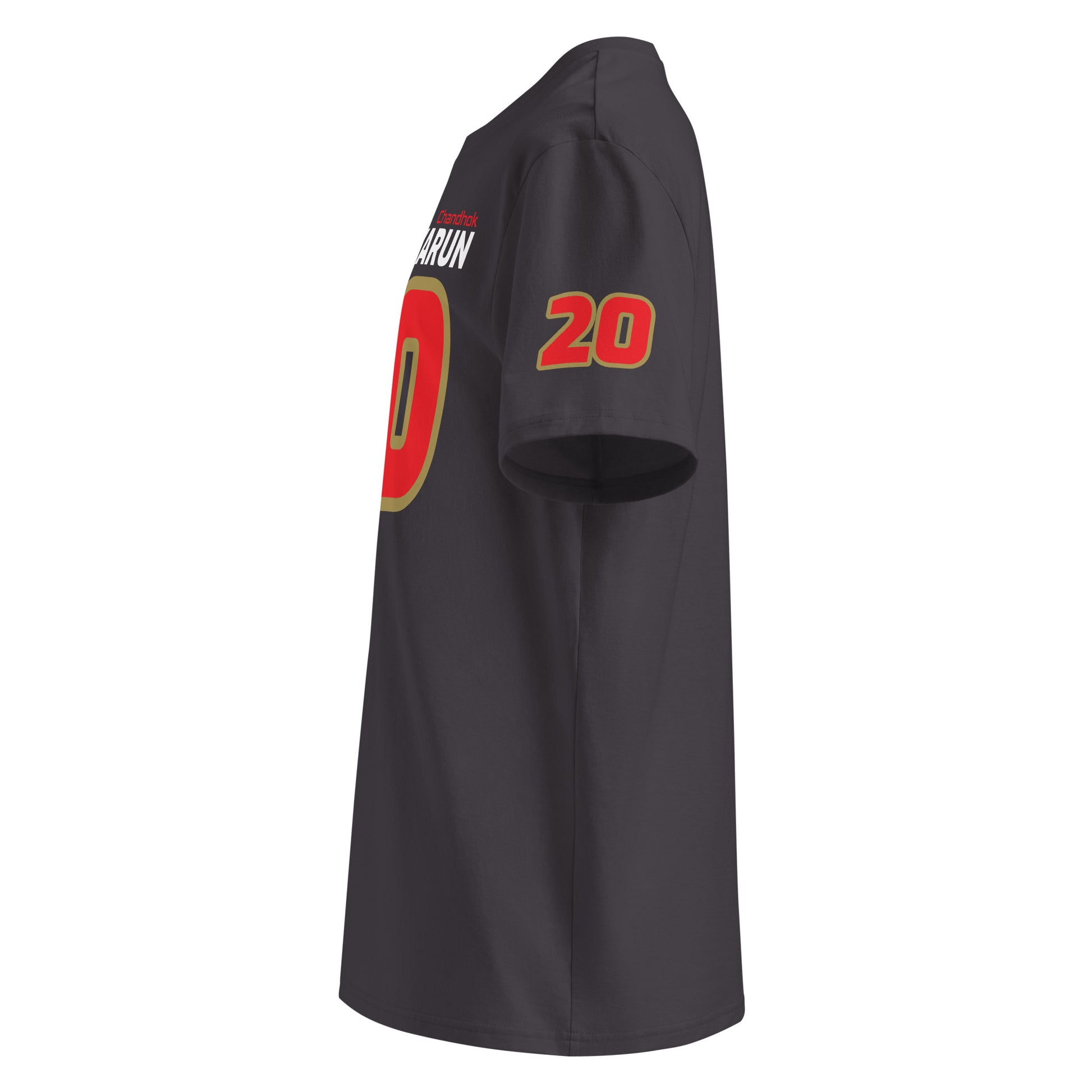 Left sleeve view of the Karun Chandhok T-Shirt in anthracite grey, highlighting the number 20.