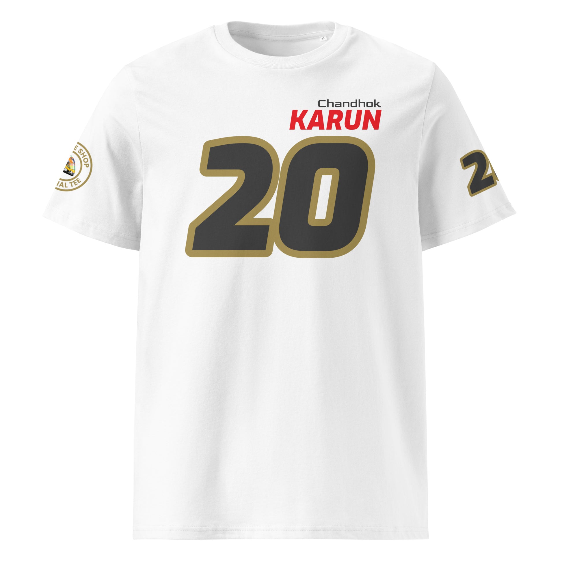 Front view of the Karun Chandhok T-Shirt in white, featuring the name and number of Karun Chandhok in bold colours.