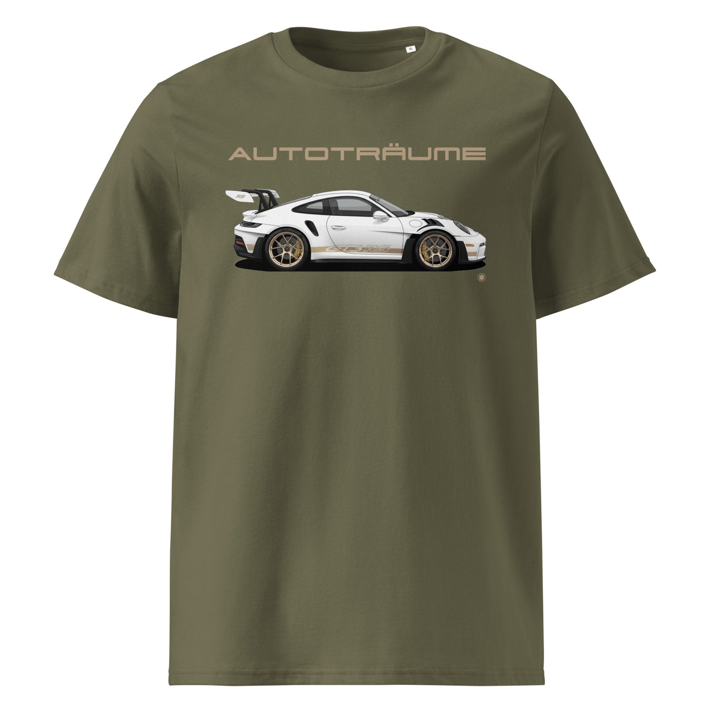 Khaki AUTOTRÄUME GT3 RS Porsche T-Shirt with Gold Detail – Front View