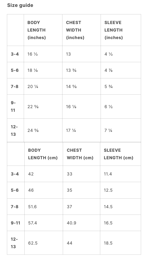 The Tee Shop Kids Size Guide