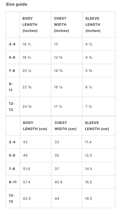 The Tee Shop Kids Size Guide