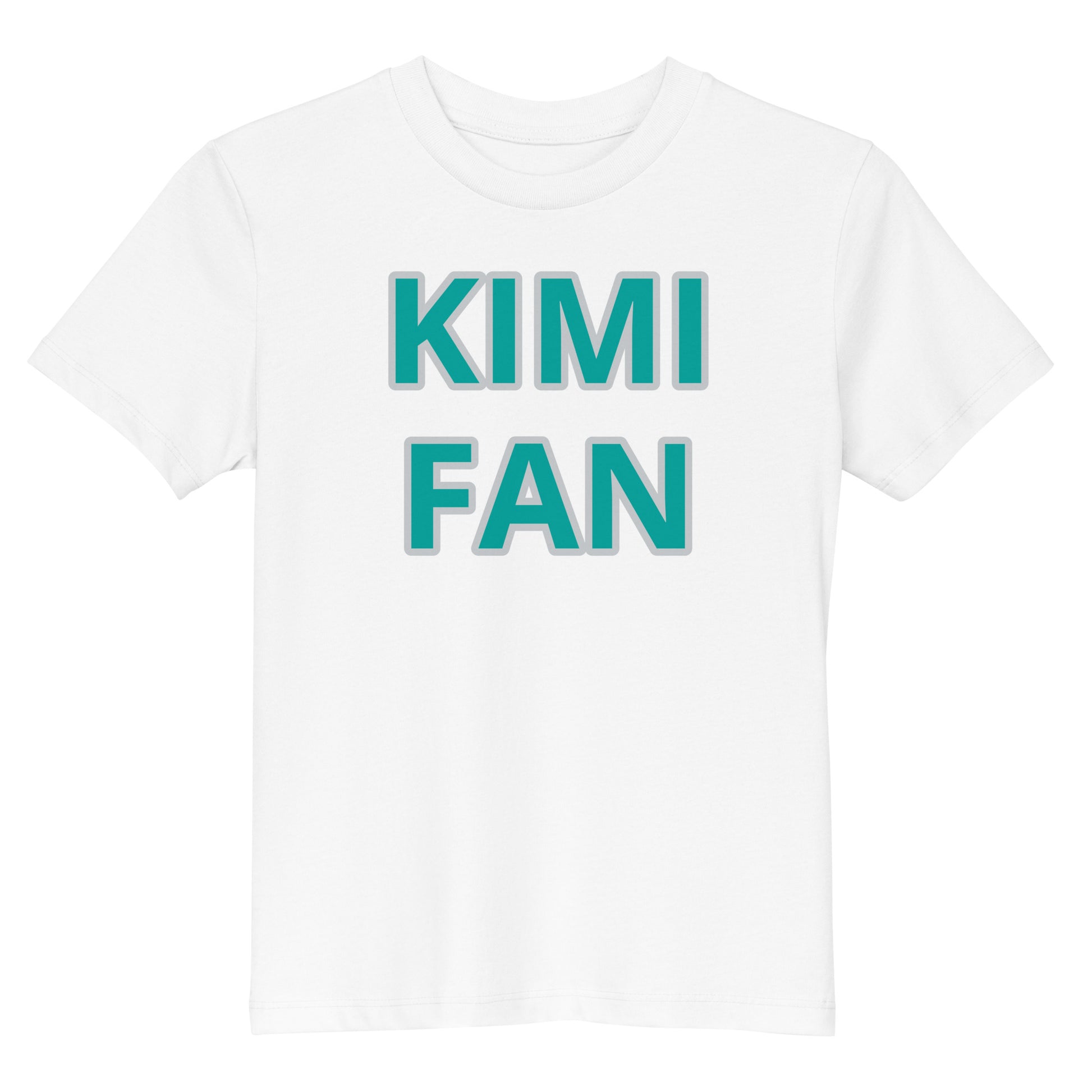 Front view of the Kimi Antonelli Fan Organic Cotton Kids White T-Shirt, showcasing a sleek and sporty design for young fans.