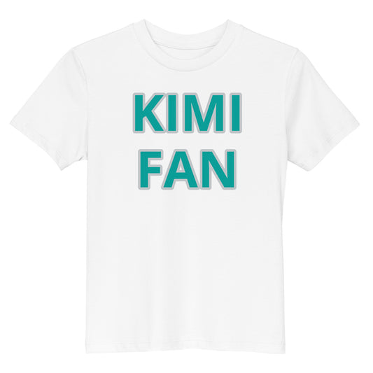 Front view of the Kimi Antonelli Fan Organic Cotton Kids White T-Shirt, showcasing a sleek and sporty design for young fans.