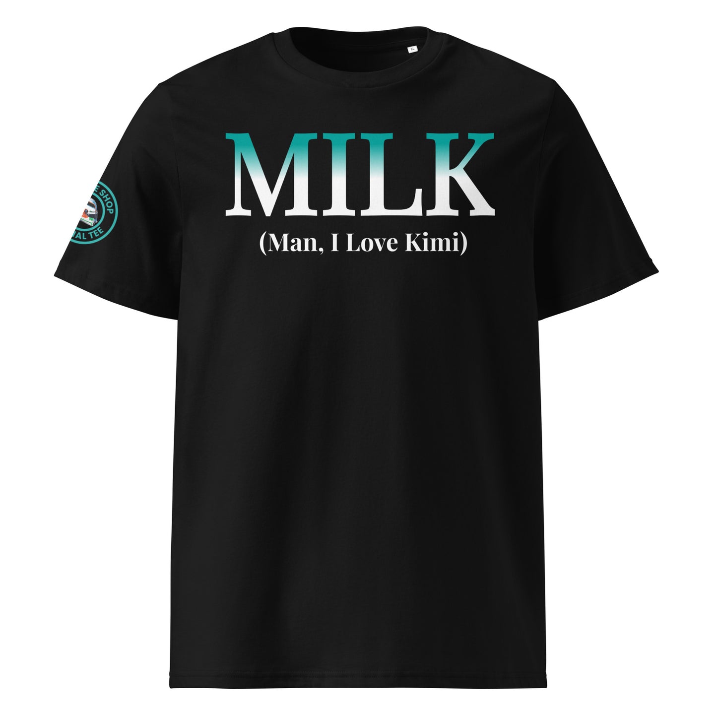 Front view of the black Kimi Antonelli “MILK” T-Shirt featuring the bold slogan in Mercedes AMG gradient colours.