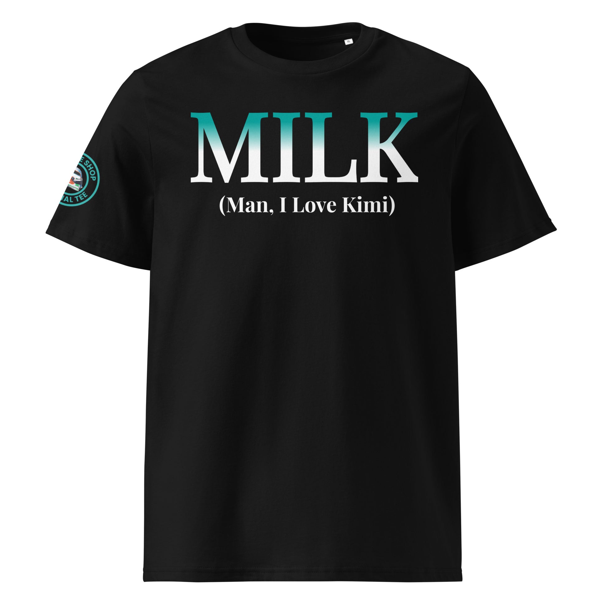 Front view of the black Kimi Antonelli “MILK” T-Shirt featuring the bold slogan in Mercedes AMG gradient colours.
