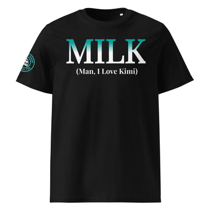 Front view of the black Kimi Antonelli “MILK” T-Shirt featuring the bold slogan in Mercedes AMG gradient colours.