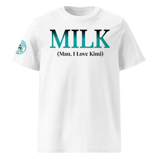 Front view of the white Kimi Antonelli “MILK” T-Shirt featuring the bold slogan in Mercedes AMG gradient colours.