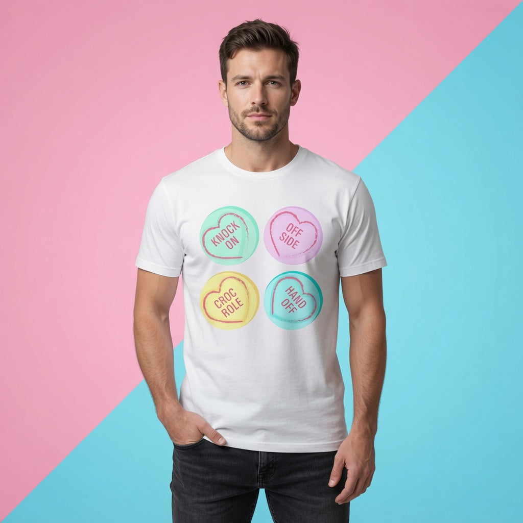 Male model showing the front print of the white Rugby Love Hearts t‑shirt with colourful rugby phrase hearts