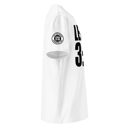Right side view of white t-shirt showing The Tee Shop paddock patch on the sleeve and edge of the bold LEWIS 3:16 chest print. DTF print, classic sports fan style for F1 meets.