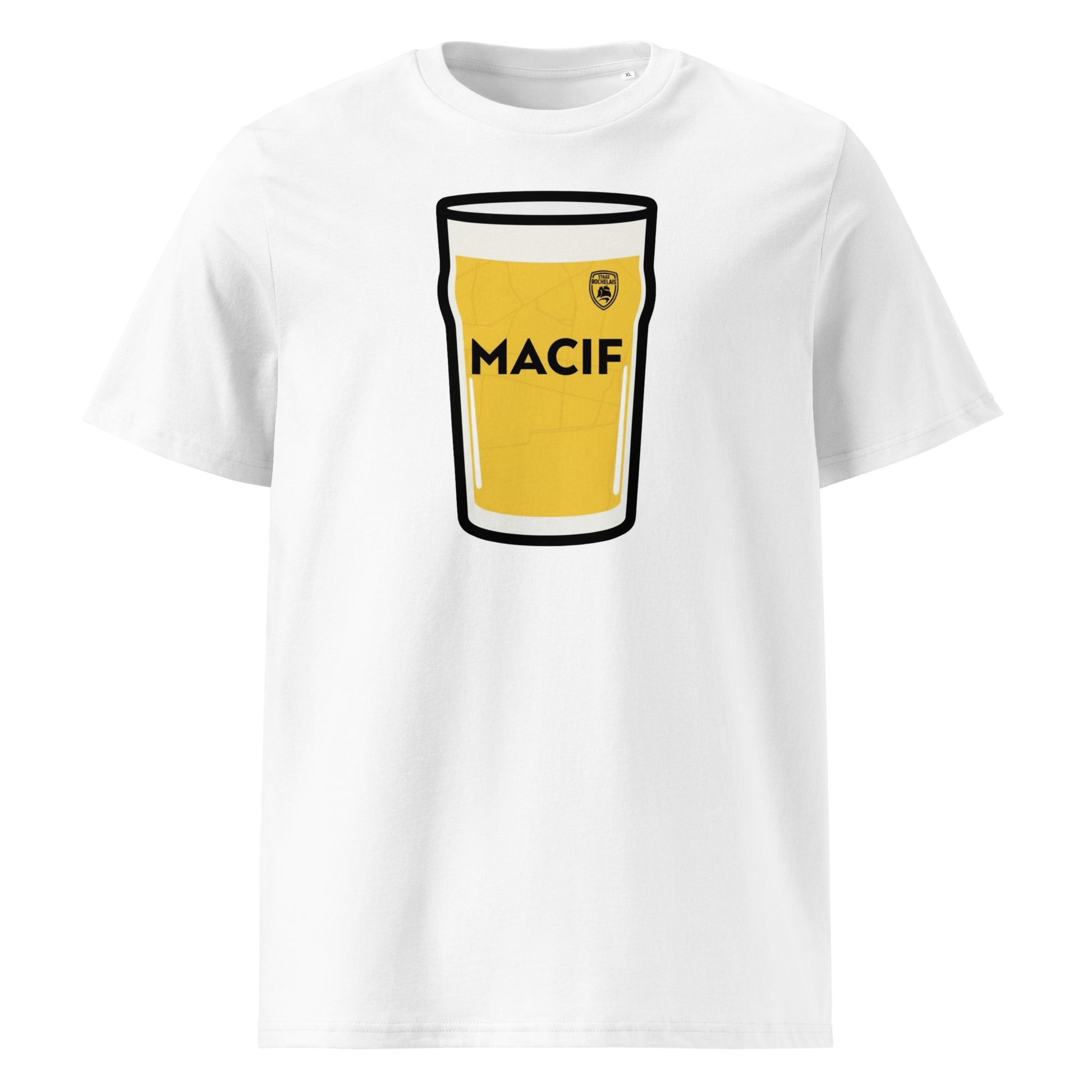 White La Rochelle Mega Pint Rugby T-Shirt with yellow and black pint glass graphic inspired by La Rochelle rugby colours.
