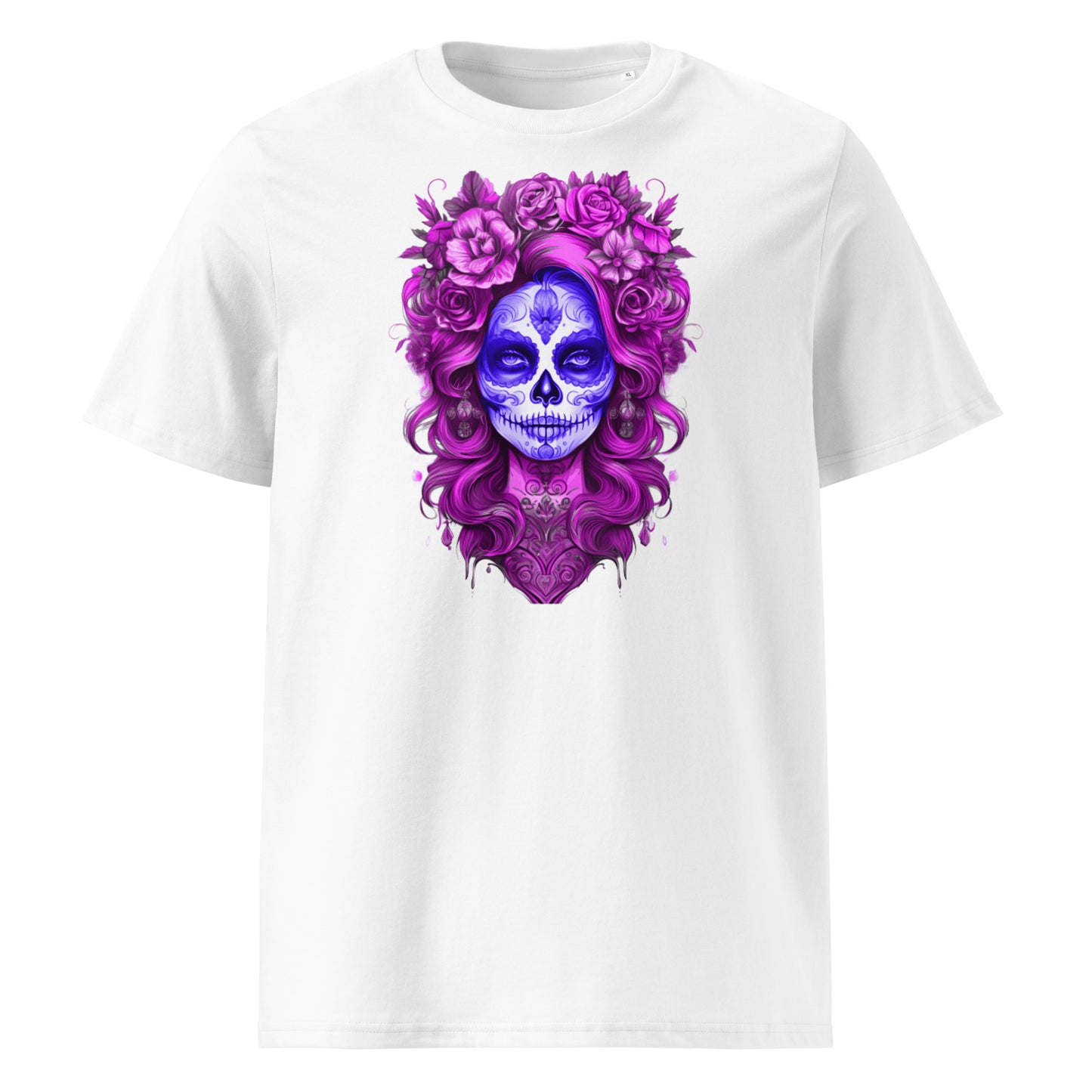 Front view of Lady Mexico Tee featuring a blue and pink sugar skull with magenta hair and flower crown, inspired by Alpine F1 team colours.
