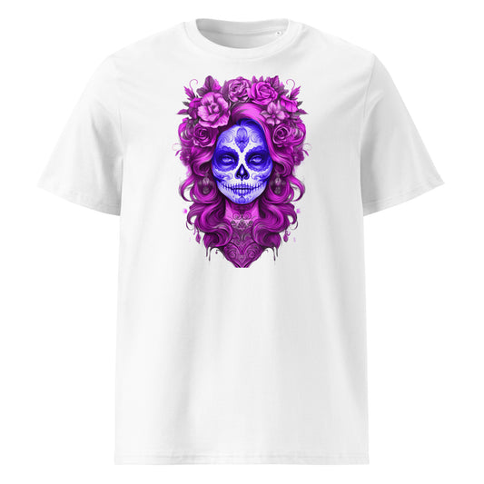 Front view of Lady Mexico Tee featuring a blue and pink sugar skull with magenta hair and flower crown, inspired by Alpine F1 team colours.