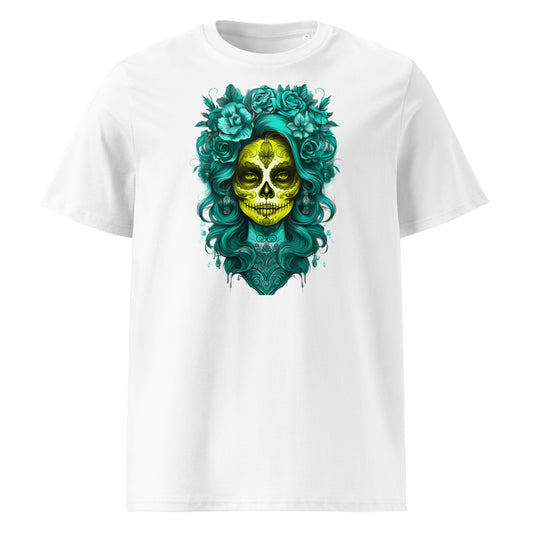 Front view of Lady Mexico Tee featuring a green-haired, yellow-faced Day of the Dead skull inspired by Aston Martin F1 colours.