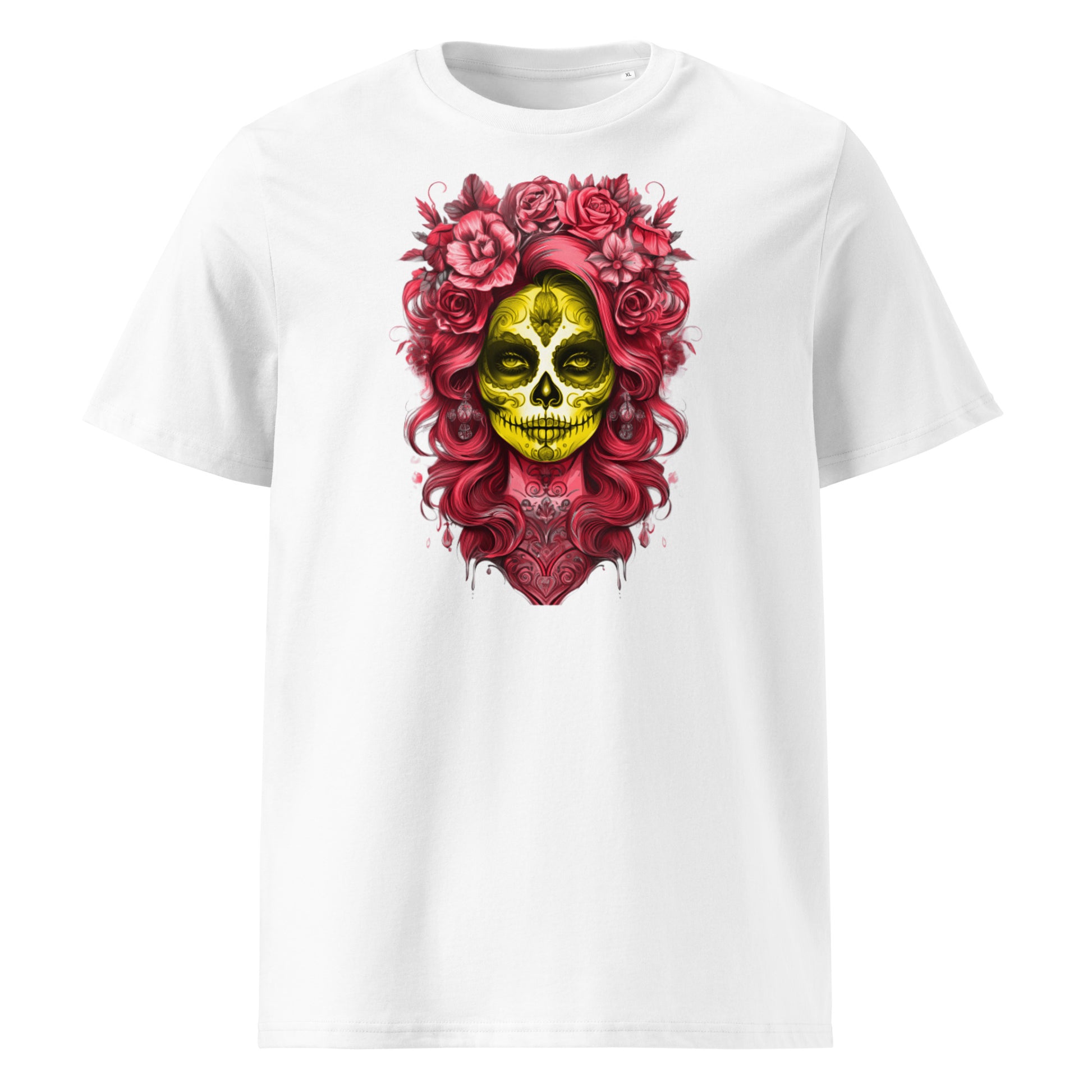 Front view of Lady Mexico Tee featuring a red-haired, yellow-faced sugar skull inspired by Ferrari F1 team colours.