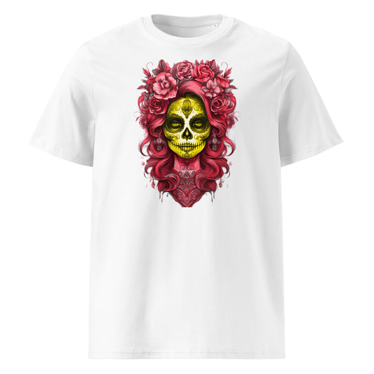 Front view of Lady Mexico Tee featuring a red-haired, yellow-faced sugar skull inspired by Ferrari F1 team colours.