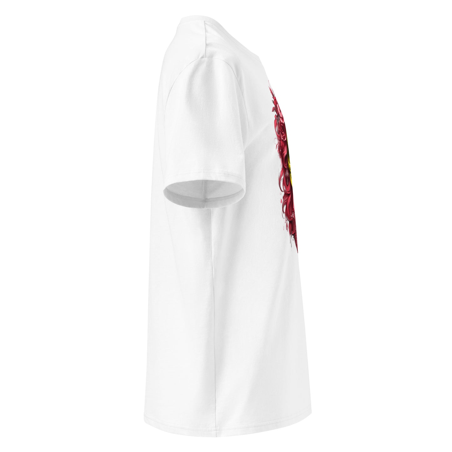 Right side angle of Lady Mexico Tee showing sleeve logo and detailed Day of the Dead skull design in Ferrari red and yellow.
