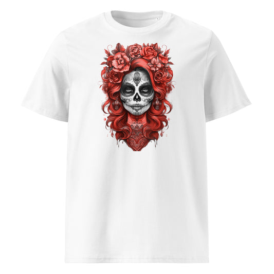 Front view of Lady Mexico Tee featuring red hair and black sugar skull inspired by Haas F1 team colours.