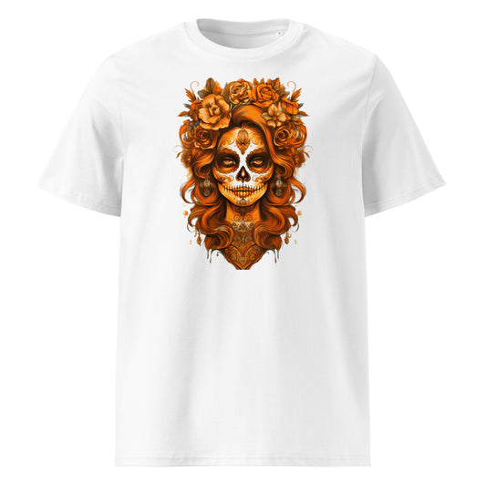 Front view of Lady Mexico Tee featuring a papaya orange-haired sugar skull inspired by McLaren F1 team colours.