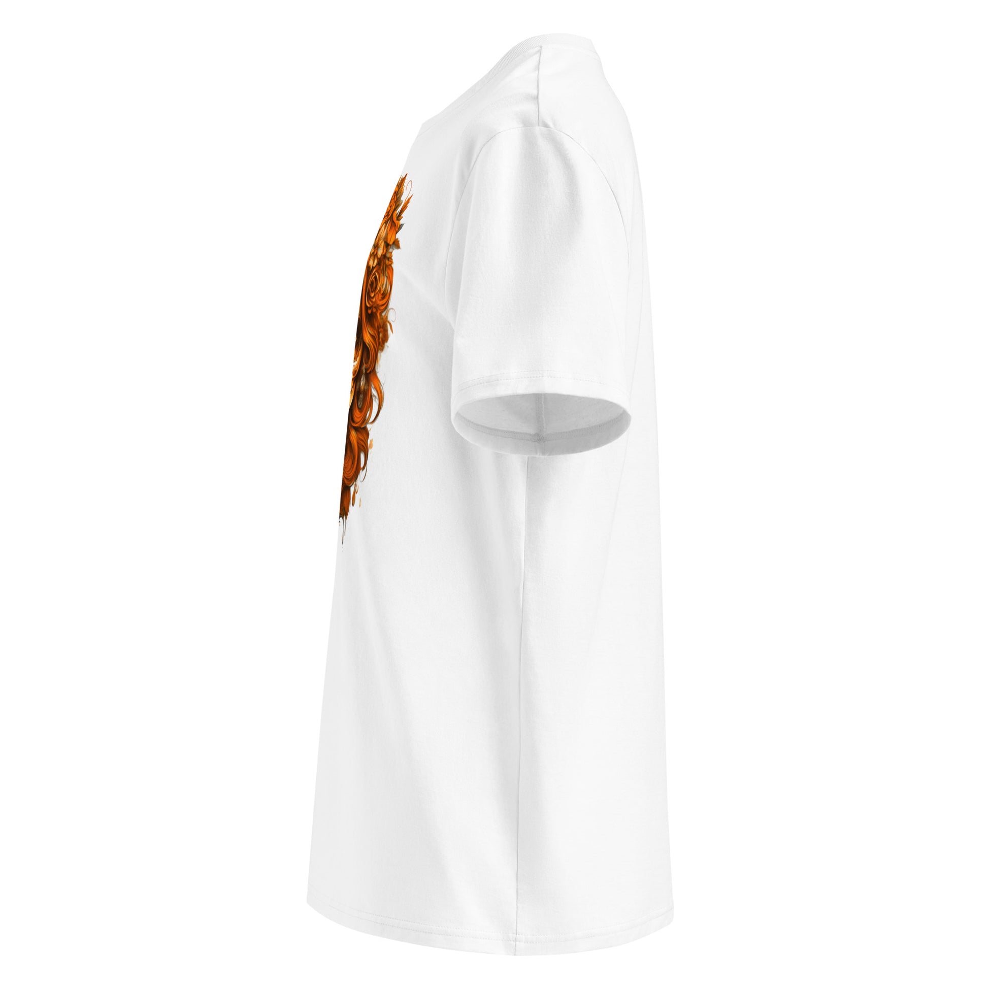 Left side view of Lady Mexico Tee highlighting papaya orange hair and floral crown.