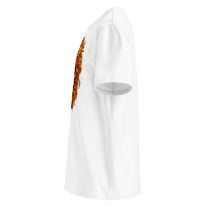 Left side view of Lady Mexico Tee highlighting papaya orange hair and floral crown.