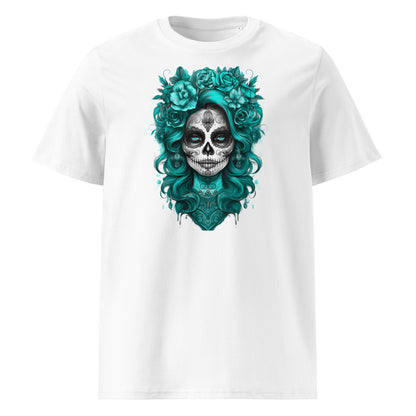 Front view of Lady Mexico Tee featuring a teal-haired sugar skull with orange face inspired by Mercedes AMG F1 team colours.